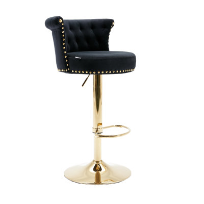 Fauteuil de bar confortable en velours surpiqué à motif de losanges avec rivets dorés et rotation à 360 degrés pour la salle à manger, hauteur réglable, repose-pieds en métal épais et stable