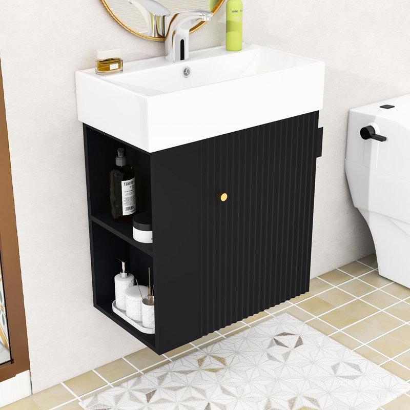 Meuble-lavabo flottant élégant avec porte à motif de vagues, lavabo en céramique et rangement à gauche Crowe, Noir