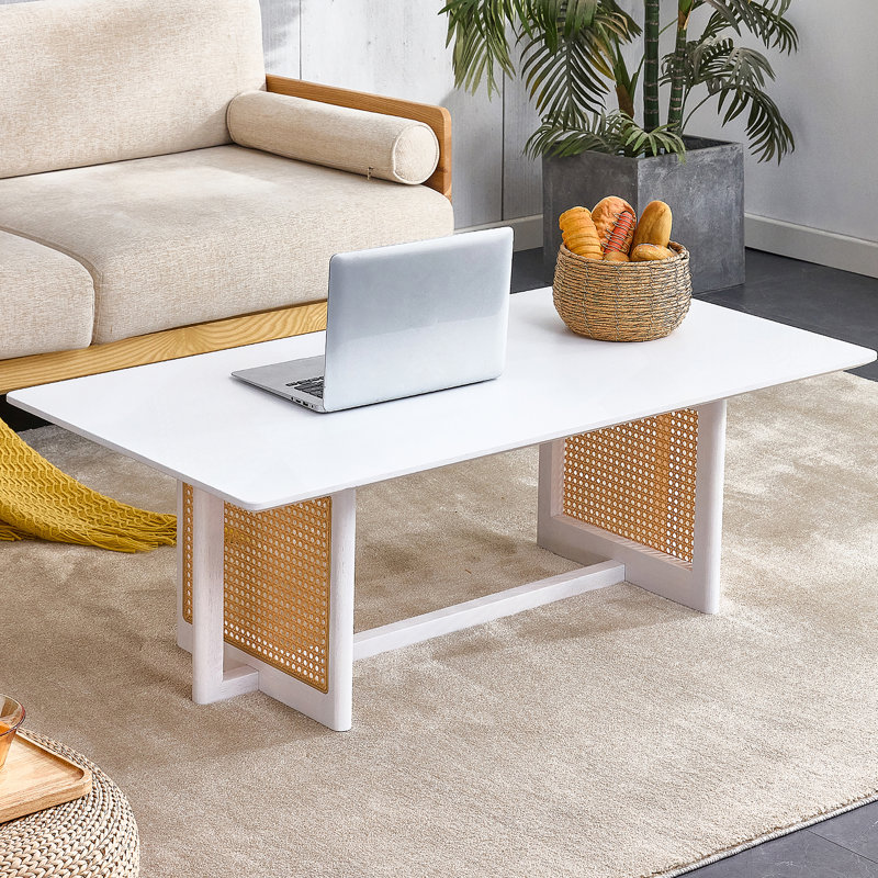 solid wood and imitation rattan coffee table, rectangular solid wood coffee table