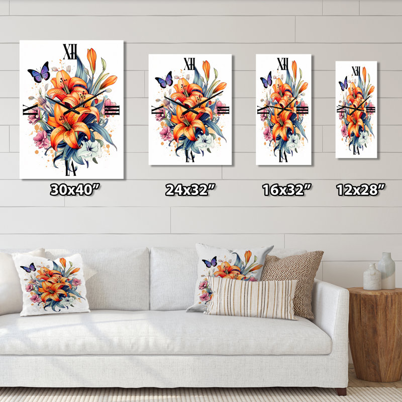 Horloge murale papillon fantaisiste et lys colorés, Grand