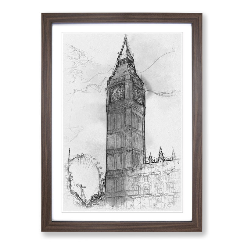 Big Ben and the London Eye Vol.1 - Picture Frame Drawing, 90cm H x 65cm W x 2cm D, Walnut