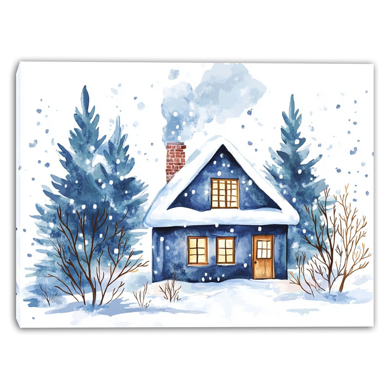 Cozy Winter Cottage - Maison enneigée, art mural sur toile, H 12 po x l 16 po
