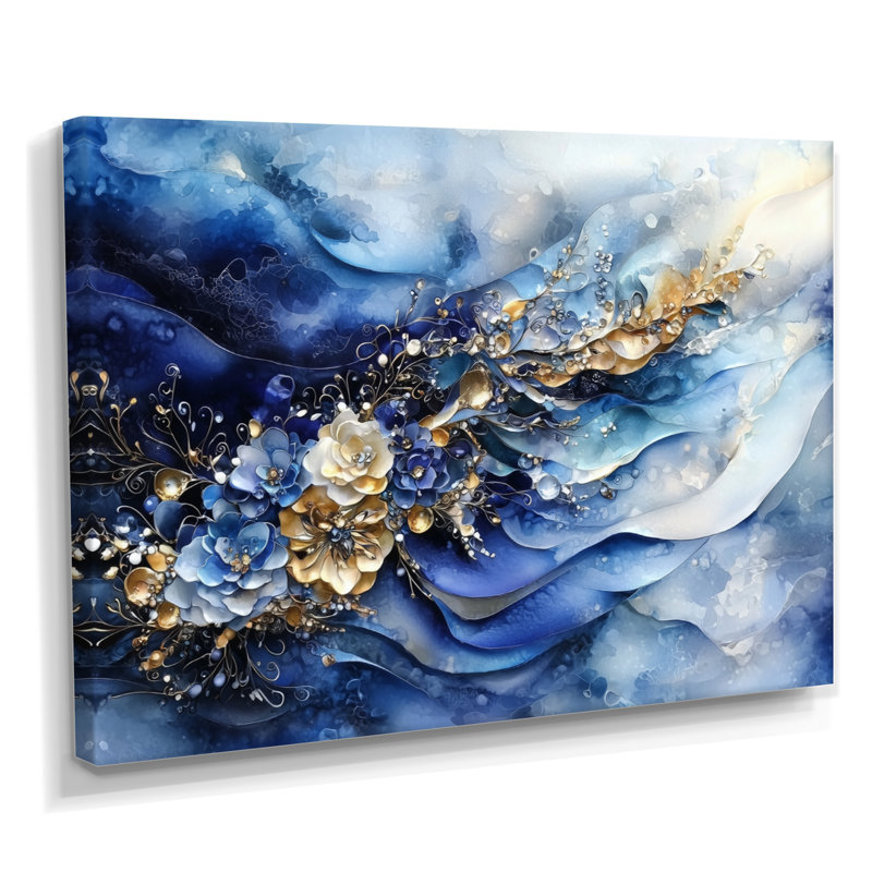 Abstrait bleu doré brise de mer - art mural côtier, H 16 po x l 32 po, Toile tendue, Ne s’applique pas