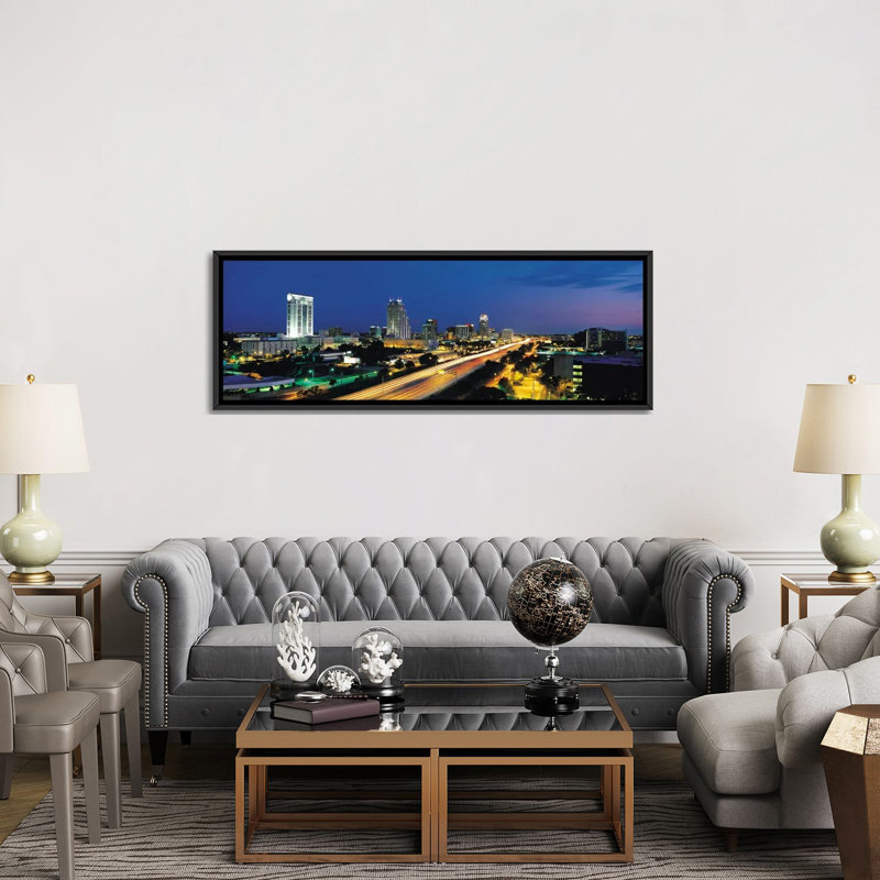 «Oakland Skyline Cityscape», reproduction de photo sur toile, H 12 po x l 36 po x P 1,5 po, Bleu / Jaune, Cadre noir