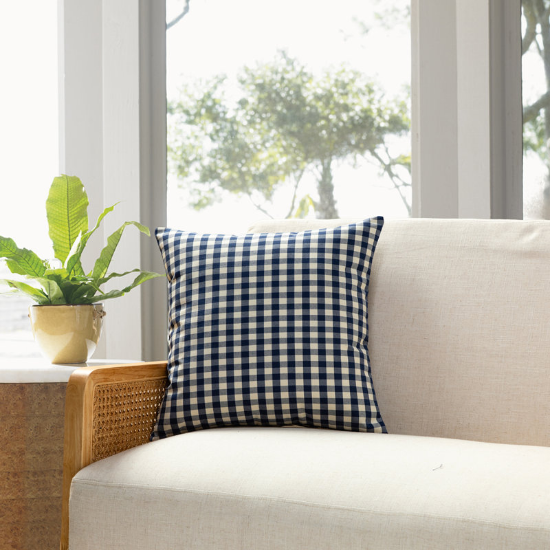 Checkered Cotton Blend Throw Pillow, Down Blend, Navy/White