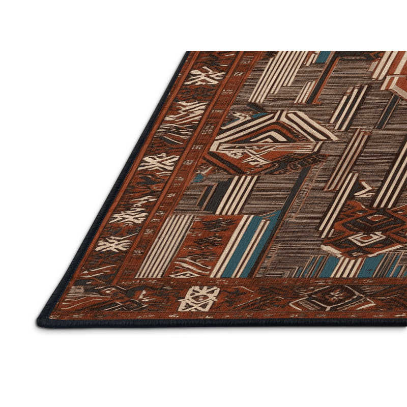 Tapis art déco brun lavable à la machine, Rond 4 pi