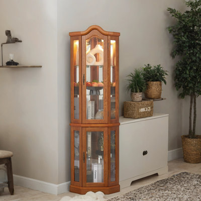 Curio Cabinet Lighted Glass Display Curio Cabinet w/Tempered Glass Doors and Shelves, Crown Corner Cabinet with Bulb, Corner Storage Decoration for Living room and Bedroom