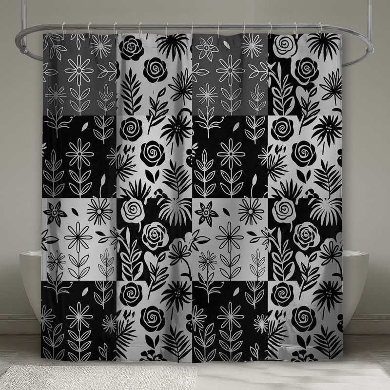 Rideaux de douche noirs et blancs à motif floral très longs, L 70 po x H 84 po