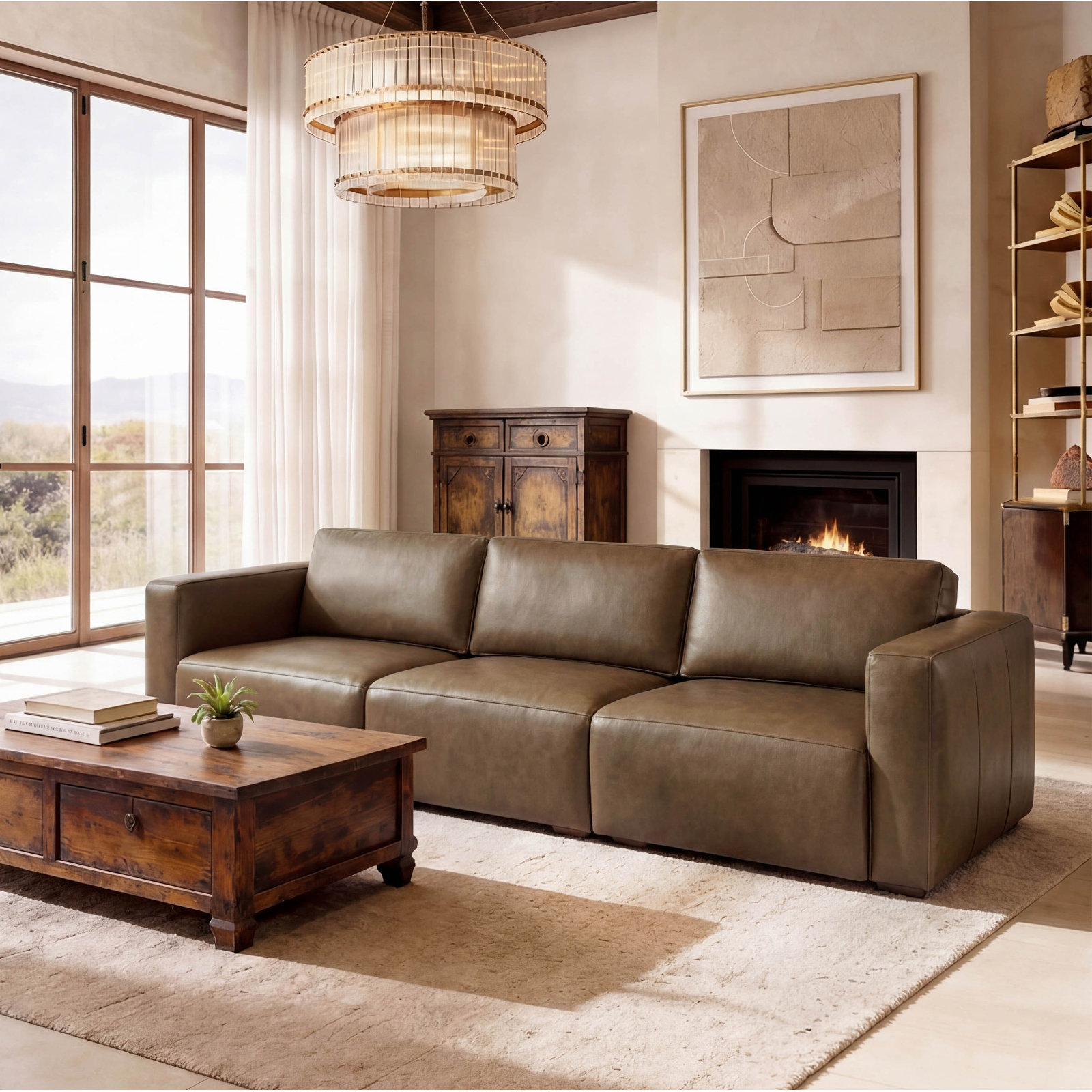 Aleksandra 91" 3 - Piece Genuine Leather Modular Sofa , Truffle Genuine Leather