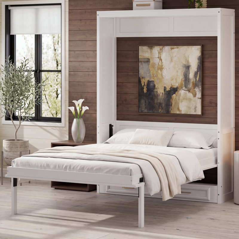 Full Size Murphy Bed with 2 Drawers, Beige