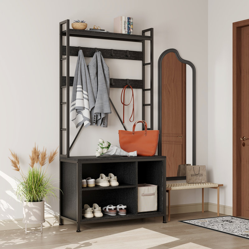 Hall Tree with Bench, Coat and Shoe Rack, Wooden Entryway Bench with Coat Rack, Industrial Freestanding Coat Rack with Shoe Storage for Mudroom, Hallway, Entrance, Black