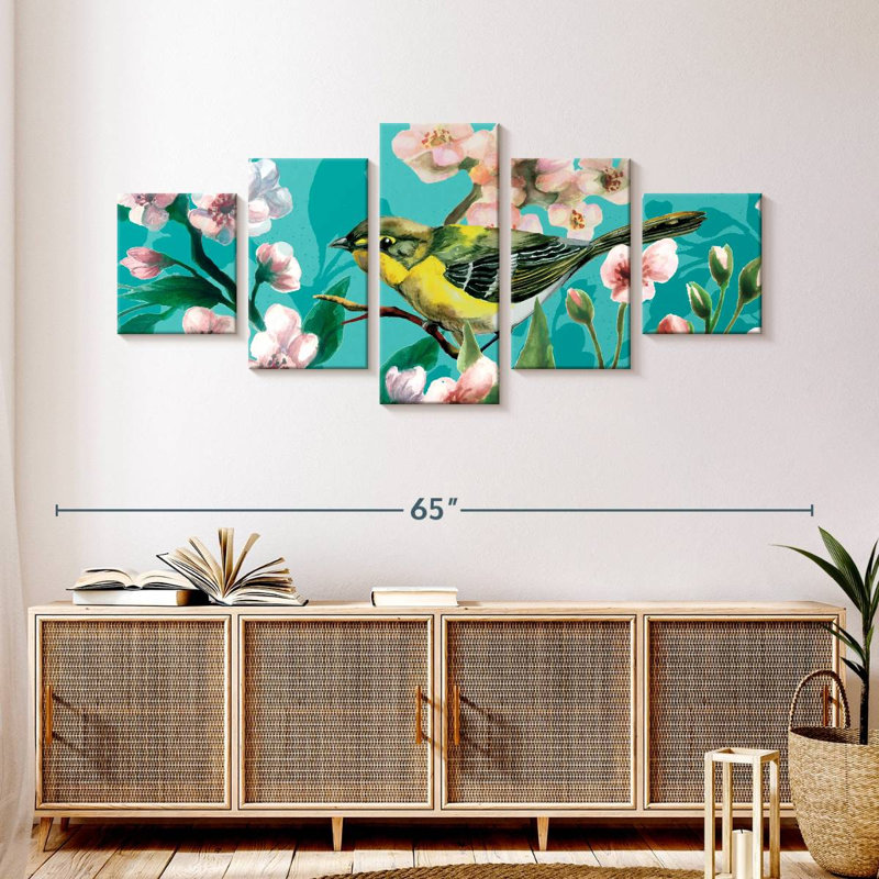 Cherry Blooms And Bird, 24" H x 55" W