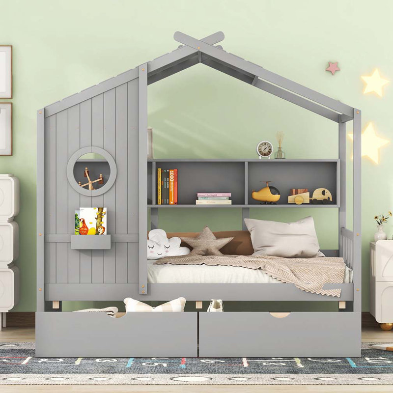 Lit de rangement en bois avec 2 tiroirs, tablette, gris, Simple