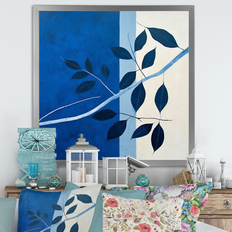 Silhouette de feuilles bleues saphir II, H 24 po x l 24 po x P 1 po, Cadre simple argenté