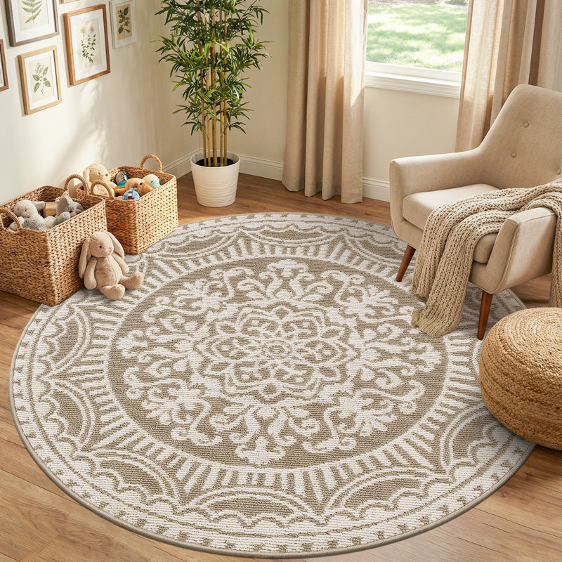 Round Medallion Stain-Resistant Beige Area Rug, Round 5'