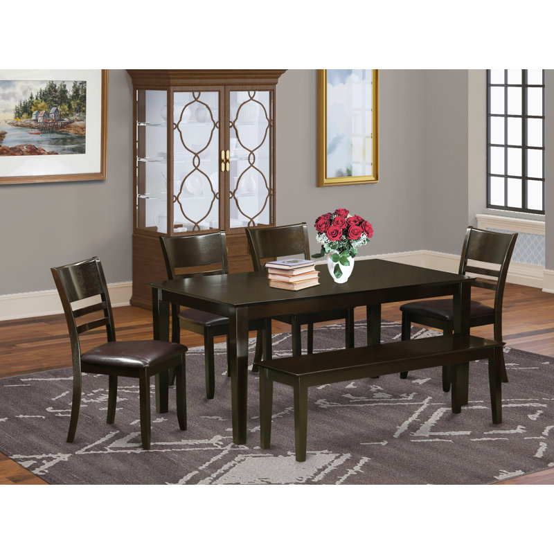 6 Piece Dining Set Contains a Rectangle Dining Room Table and 4 Faux Leather Kitchen Chairs with a Bench, Cappuccino