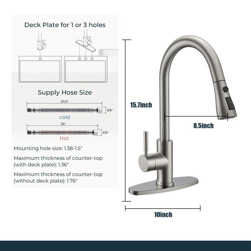 Stainless Steel Kitchen Faucet With Pull-Down Sprayer, High Arc Single Handle, Suitable For 1 Or 3 Holes., Stainless Steel