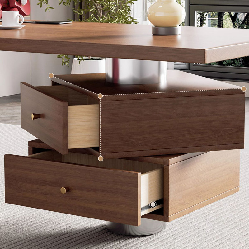 Bureau à 2 tiroirs brun noyer + argent massif rectangulaire + acier inoxydable avec 2 tiroirs, Retour à droite