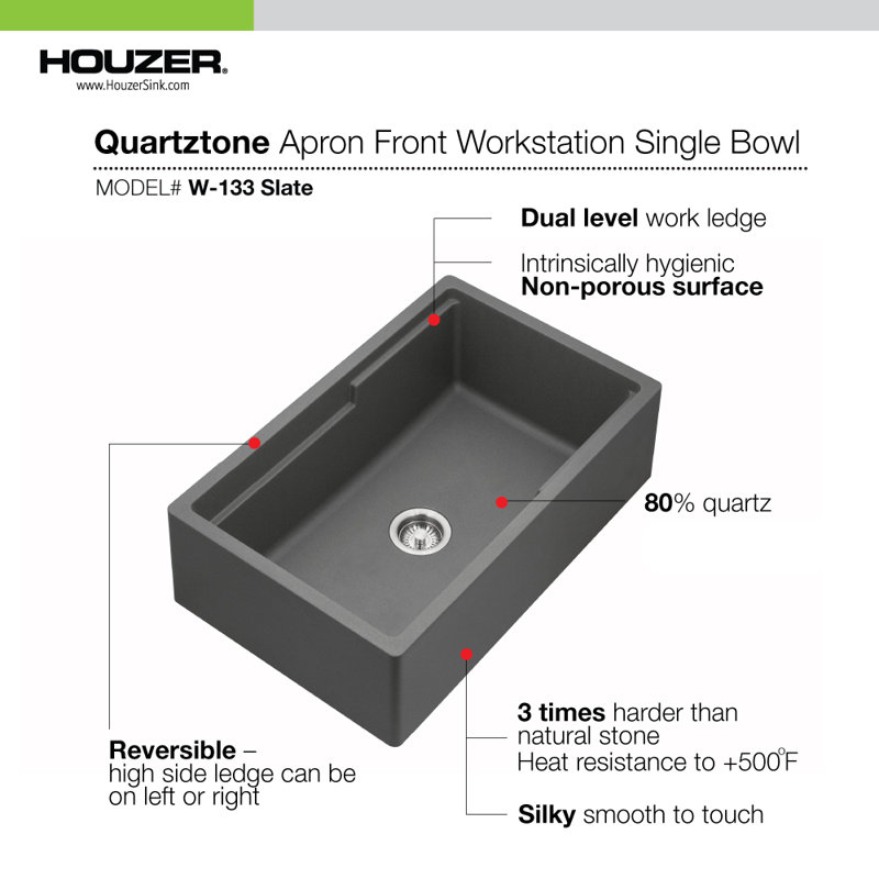 Évier de poste de travail en granite à tablier frontal 33 po avec accessoires Houzer, Gris