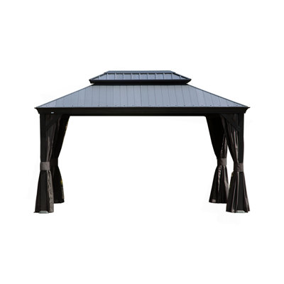 Pavillon de jardin rigide de 12 pi x 16 pi avec toit en résine, pavillon de jardin extérieur en métal avec gouttières de drainage, pavillon permanent pour patio, cour et terrasse, rideaux et moustiquaire inclus