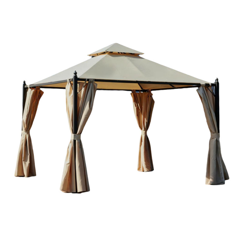 Pavilion 10' X 10' Steel Outdoor Patio Pavilion With Polyester Privacy Curtains, Double-Layer Canopy, Beige