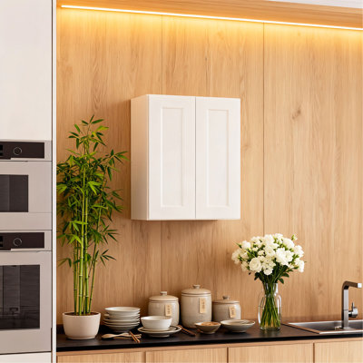 White Shaker Solid Wood Wall Cabinet with Soft-Close Doors, Adjustable Shelves - Double Door Storage for Kitchen, Bathroom, Laundry, Garage