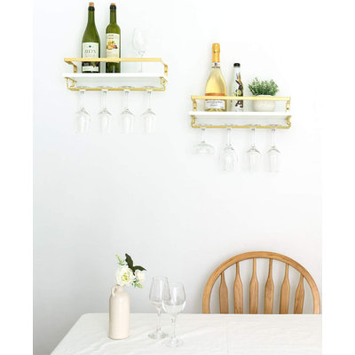 Set Of 2 White Wall Mounted Wine Racks With Stemware Hanger, Modern Floating Shelves For Wine Bottles Glasses And Home Decor