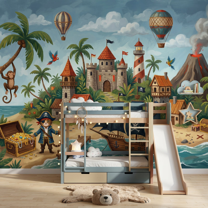 Décoration murale coffre à trésor de bateau de pirate tropical, 160 po x 108 po, Peel and Stick