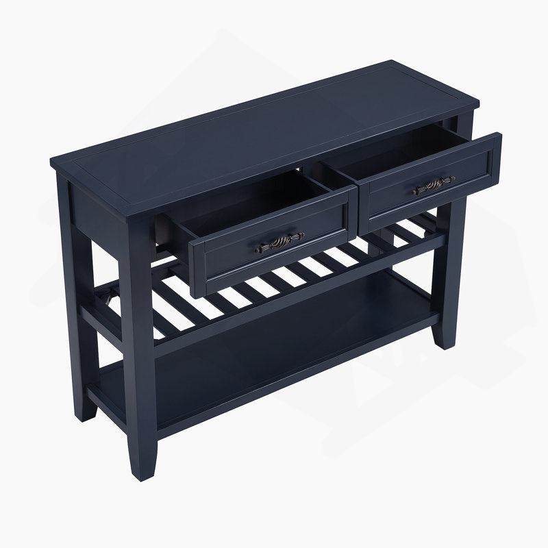 Console rétro avec deux tablettes ouvertes, structure en bois de pin massif et pieds pour le salon, Marine, Marine