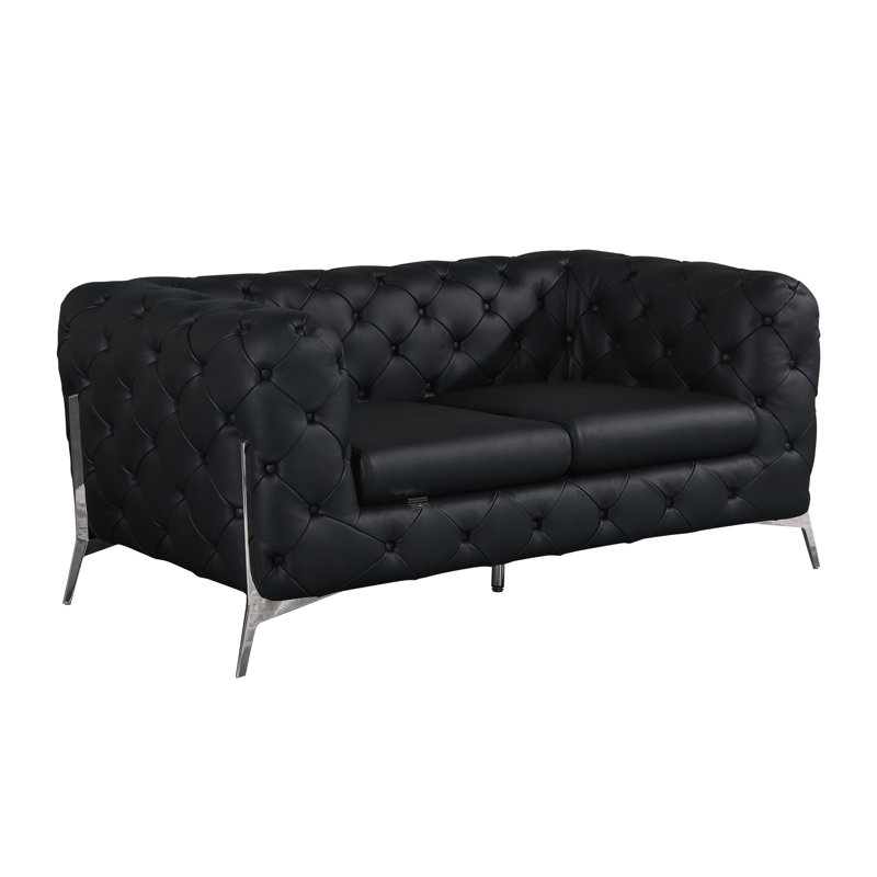 Ehrika Top Grain Italian Leather Loveseat, Silver, Black