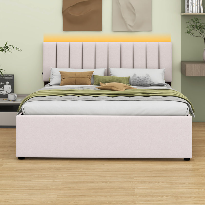 Lit plateforme tapissier avec lit gigogne, Beige