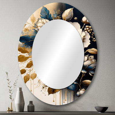 Noir et or Camellia Bouquet I - Miroir mural ovale noir