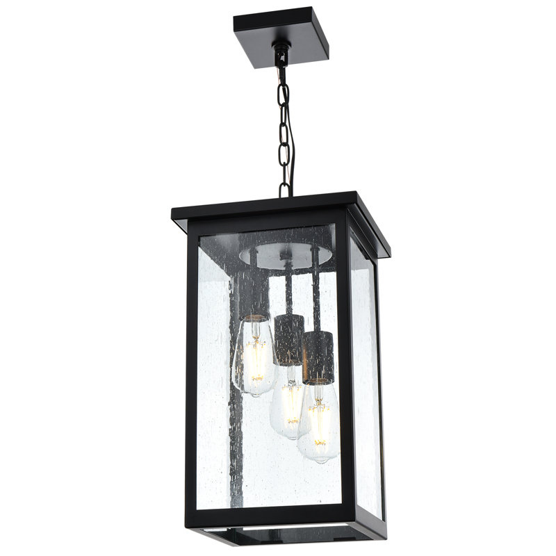 Black Outdoor Pendant Light Fixture, Exterior Chandelier Hanging Lantern For Front Porch, Anti-Rust Waterproof Farmhouse Outdoor Ceiling Lamp With Seeded Glass.