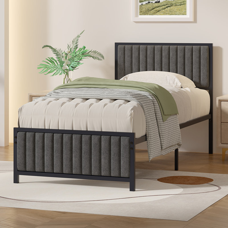 Metal Platform Bed Frame With Upholstered Headboard And Footboard, Heavy Duty Steel Slats Platform Bed, No Box Spring Needed