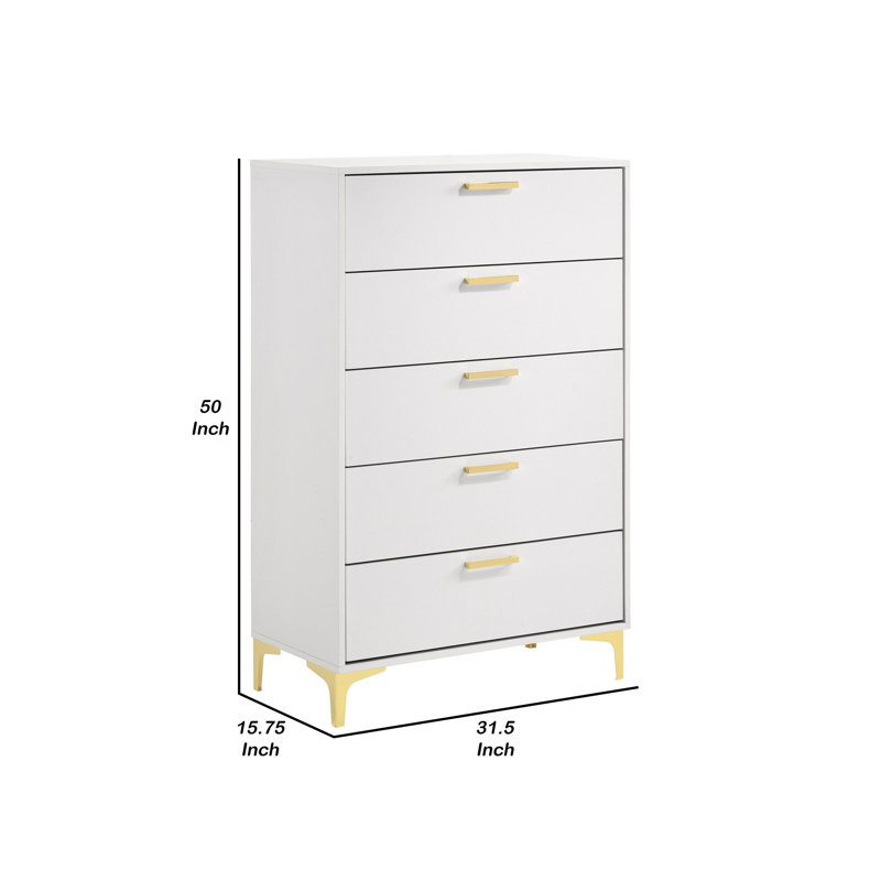 Peterlee White and Gold 5-Drawer Chest, White