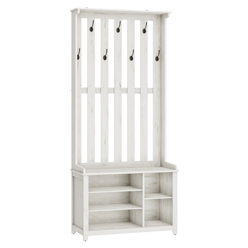 Gaonou 32.1" W Manufactured Wood Hall Tree with Bench and Shoe Storage, Rustic White