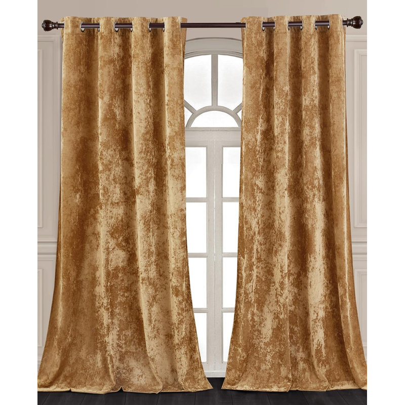 Lux Velvet Crushed Curtains with Grommet Top Curtain Panels Set, Caramel Gold, 50" W x 84" L