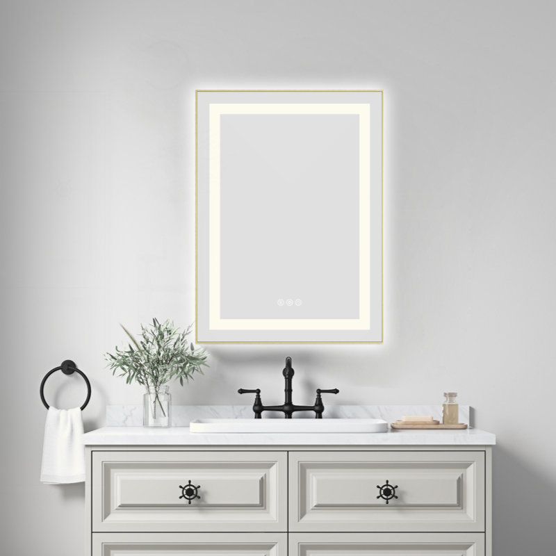 Miroir de salle de bain DEL, Or brossé, 30 po x 24 po