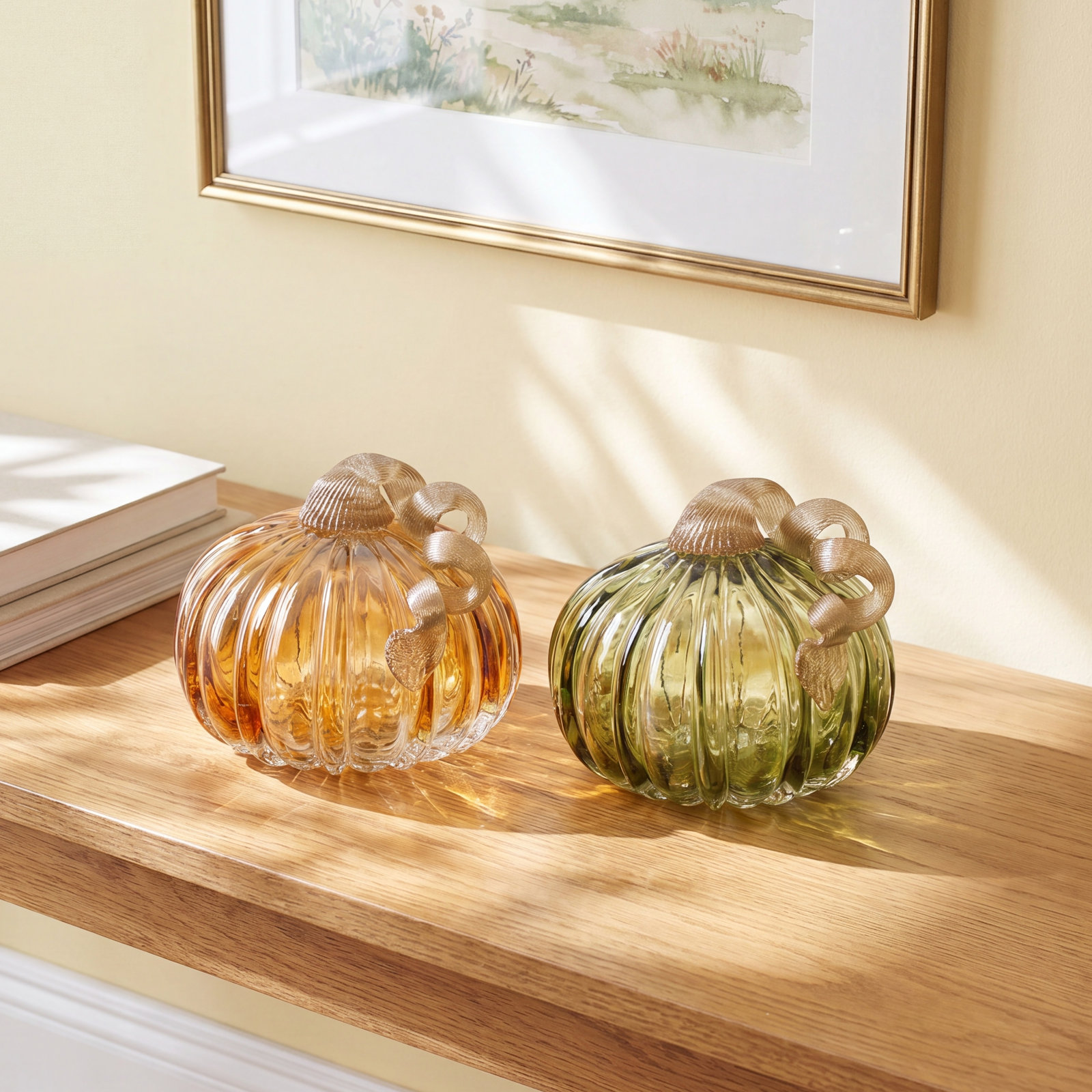 2-Piece Crackle Glass Pumpkin Set, 4.72" H x 5.91" W x 5.91" D, Green/Amber