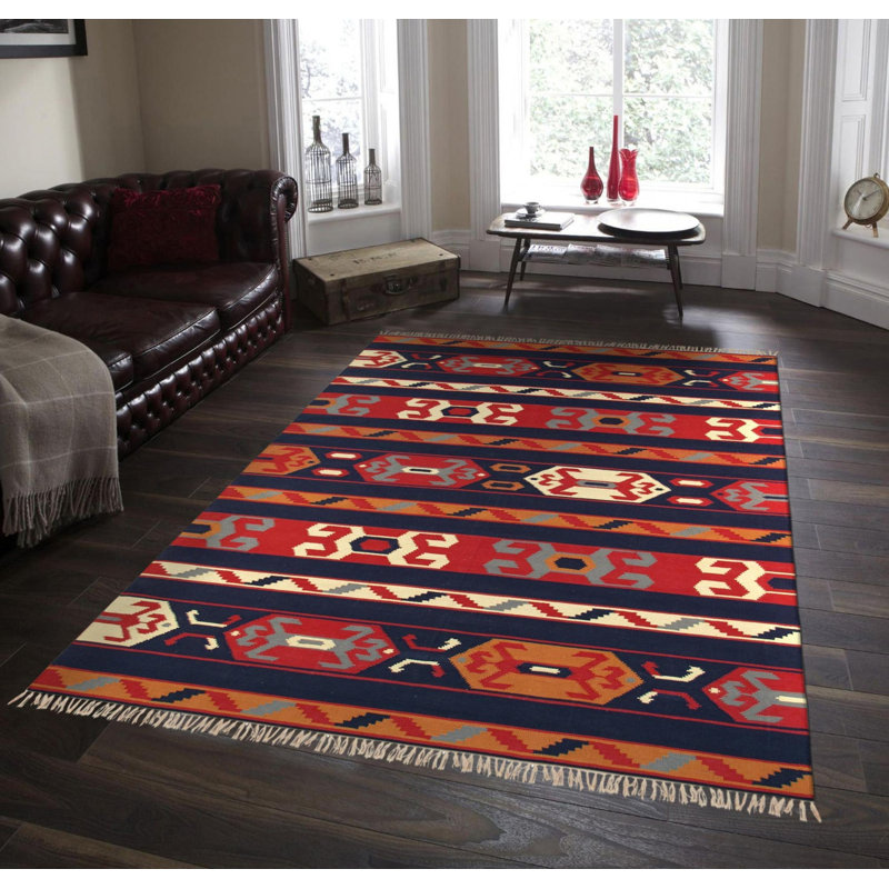 Tapis rayé rectangulaire en coton / laine fait à la main 9 pi x 12 pi Alarik
