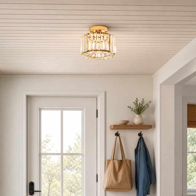 Plafonnier semi-encastré cylindrique en cristal à 1 lumière à intensité variable, Doré, Une lumière