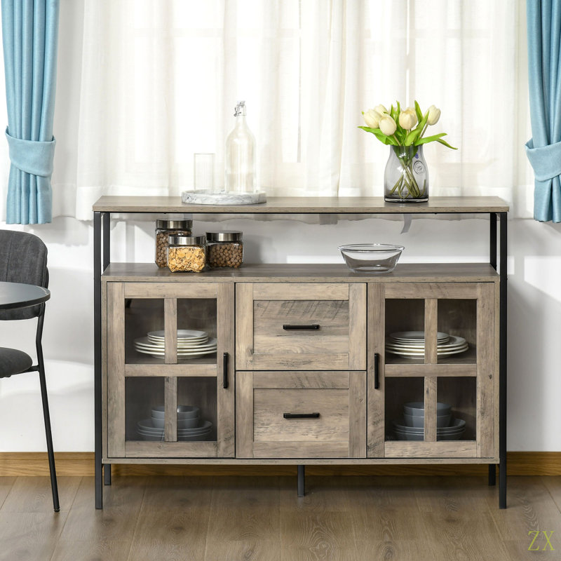 Buffet industriel, armoire de bar avec tablettes réglables, portes en verre et 2 tiroirs pour le salon