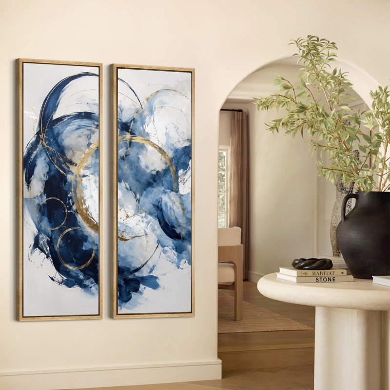 Cercle fluide abstrait bleu marine et or – Ensemble de 2 impressions d'art murales encadrées sur toile 60" x 20" x 2