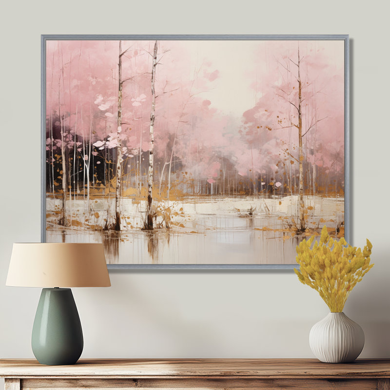«Minimalisme rose et forêt dorée I», art sur toile, H 30 po x l 40 po x P 1,5 po, Encadrement argenté