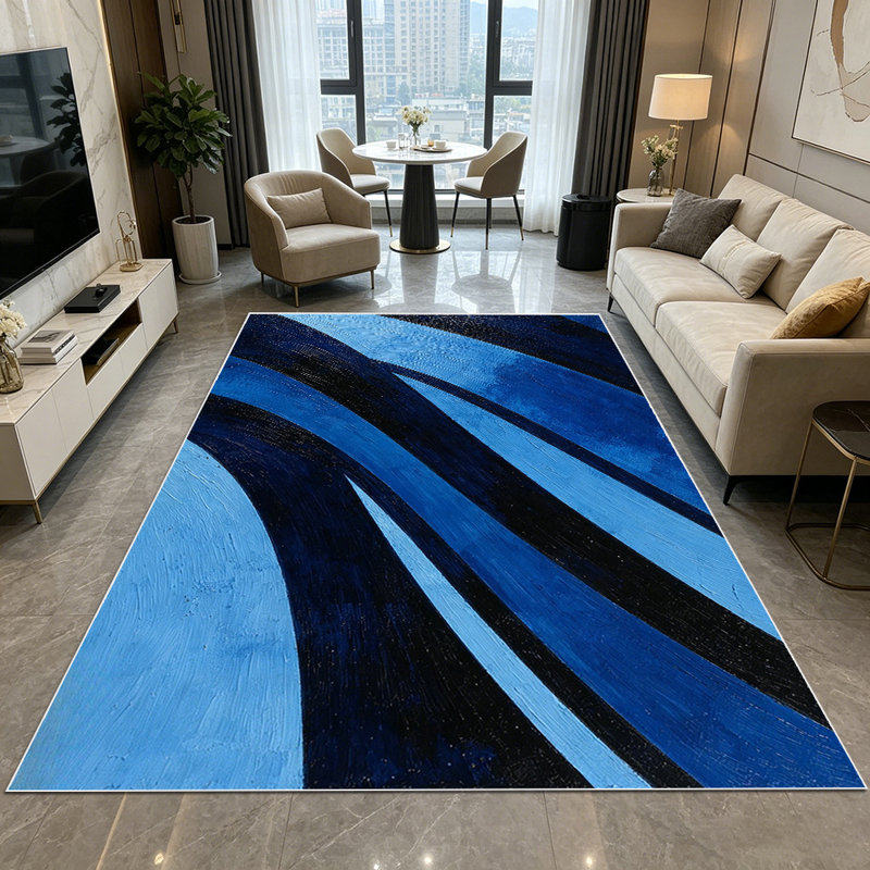 1PC Abstract Navy Blue Ombre Curved Stripe Geometric area rugs for Living Room, Soft and Comfortable, Suitable for all seasons, easy-to-maintain, machine washable Indoor floor mat, Under Table Farmhouse suitable for dining table, bedroom bedside,