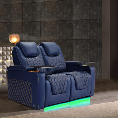 Top Grain Leather Home Theater Seating 7 Color Ambient Lighting Row Of 2 Loveseat by Wrought Studio