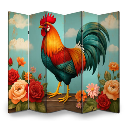 Paravent rustique 6 panneaux paravent Royal coloré coq floral vibrant style toile écran séparateur autoportant protecteur cloison d'intimité