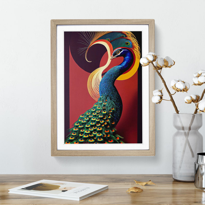 Classy Peacock - Single Picture Frame Print, 46cm H x 34cm W x 2cm D, Oak