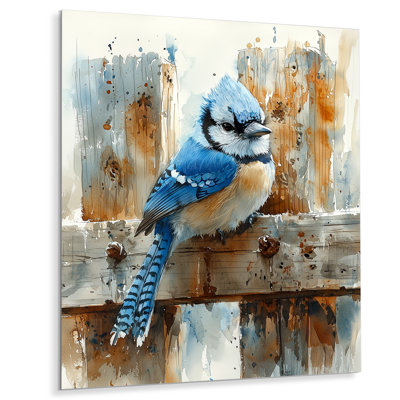 «Blue Jay On The Farm Gate», reproduction d'art moderne sur métal, art mural oiseau en métal