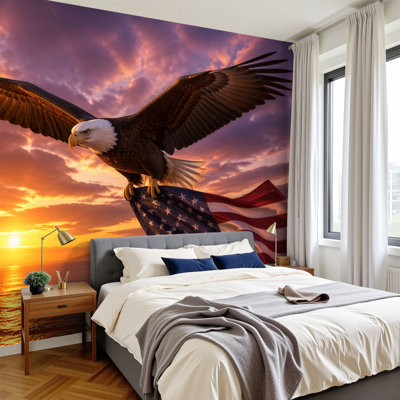 Wall Mural Peel and Stick Wallpaper Eagle American Flag Flies Freedom Sunset Vintage Toned Self-Adhesive Removable Contact Paper Wall Decor for Living Room Bedroom 69"H x 96"W
